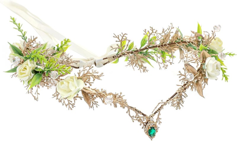 MOSTORY Woodland Fairy Crown Headpiece - Green Flower Elf Crowns for Fairy Cotume Women Renaissance, Forest Floral Headband Elven Circlet for Renfaire Cosplay Photo Shoot - Image 1